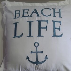 Anchor Beach White Throw  Pillow.Pre Loved WITH  Embroidered BEACH LIFE ON IT.